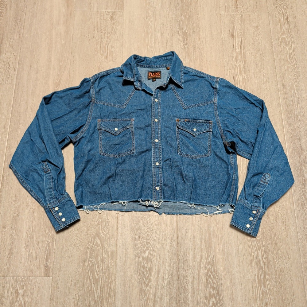 Plains Western Wear Cropped Denim Pearl Snap Top Womens Medium Blue Raw Hem Boxy